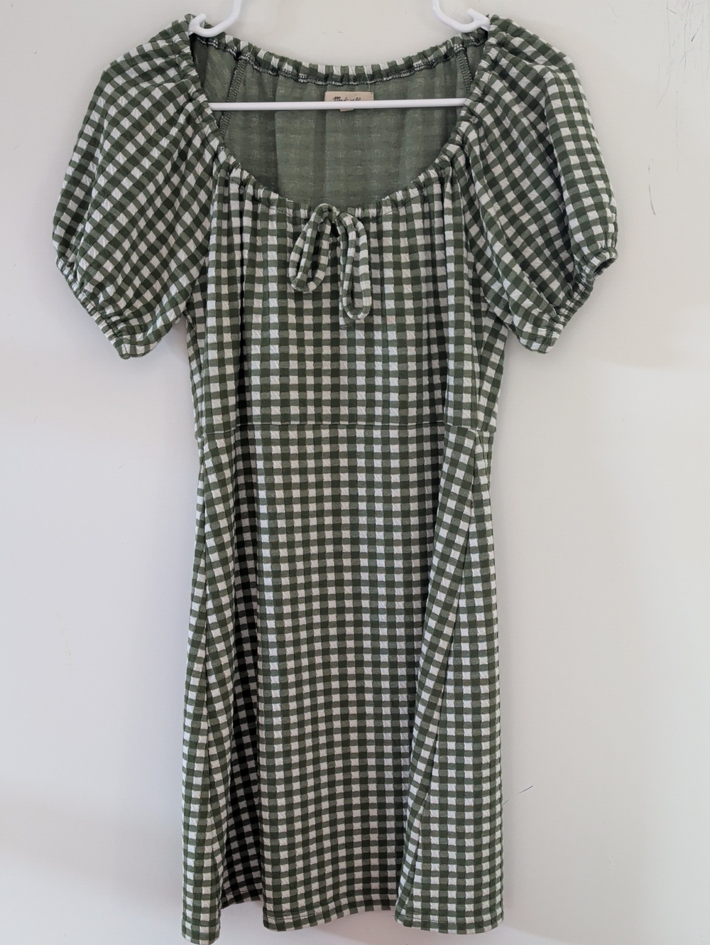 Madewell Green and White Gingham Tie Puff Sleeve Dress Small